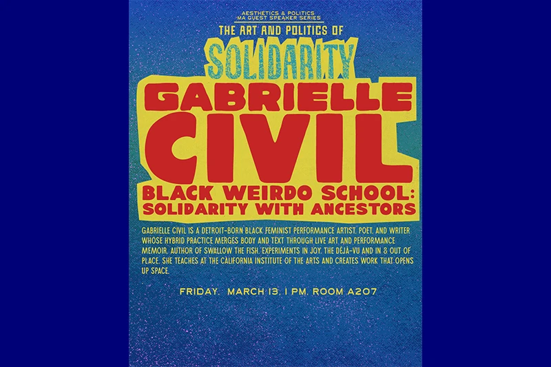 Promotional poster for Gabrielle Civil's event, highlighting her background and event details on a colorful background.
