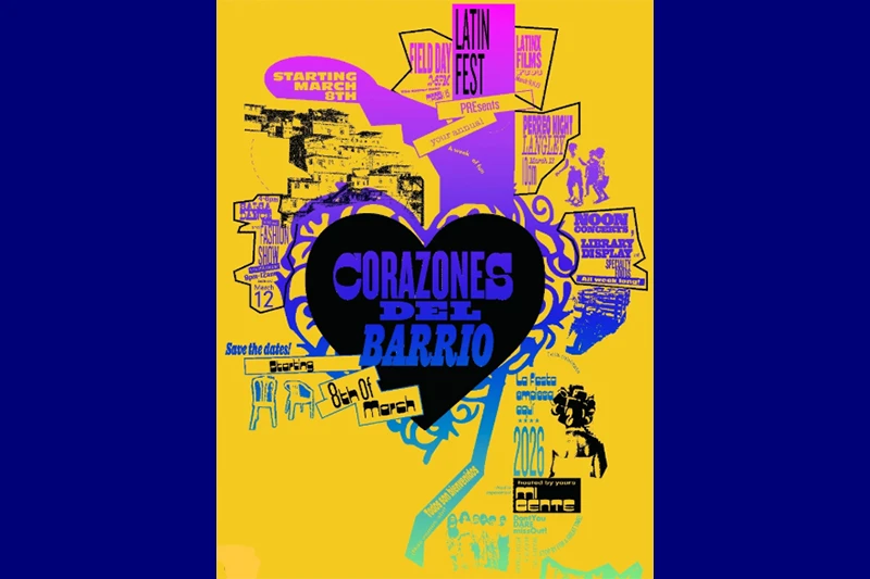 Vibrant poster with a black heart reading "Corazones Del Barrio," surrounded by colorful graphics and text.