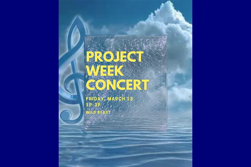Musical-themed event poster with clouds, water, treble clef, and text on bubble wrap.