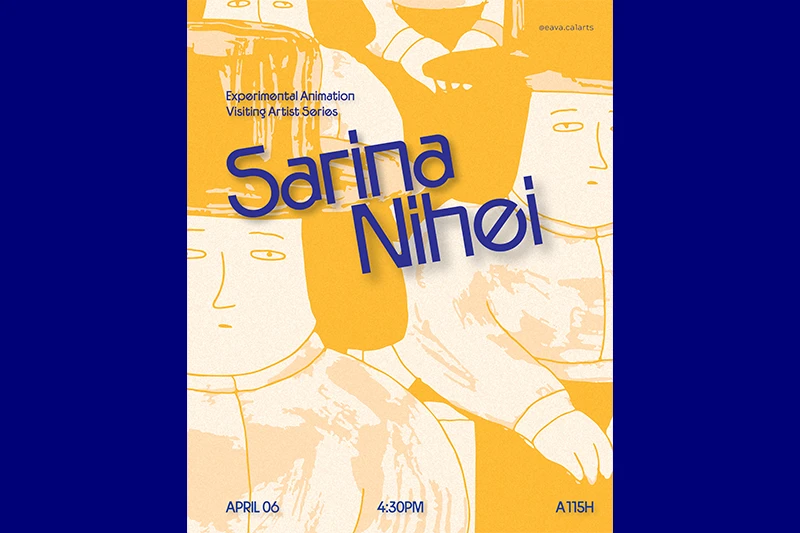 Poster with abstract human illustrations and the text "Sarina Nihei" in bold blue, promoting an animation event.