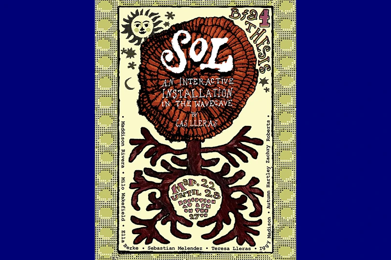 A colorful artistic poster for an installation titled "SOL" by Casilleras with dates and locations.