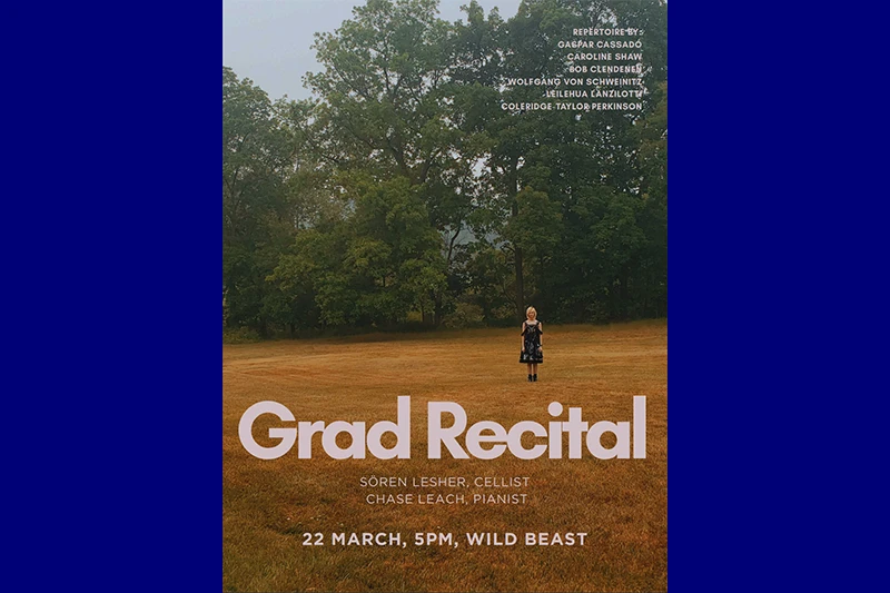 A person stands in a grassy field with trees in the background, overlaid with text about a grad recital.