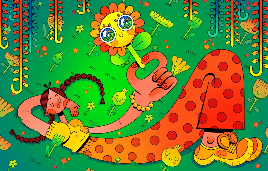 A person with orange polka-dot pants and braided hair relaxes on a green field, holding a smiling cartoon flower.