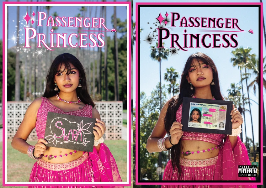 Two panels of a woman outdoors in a pink outfit holding a board and a driver's license, with "Passenger Princess" in stylized text above.