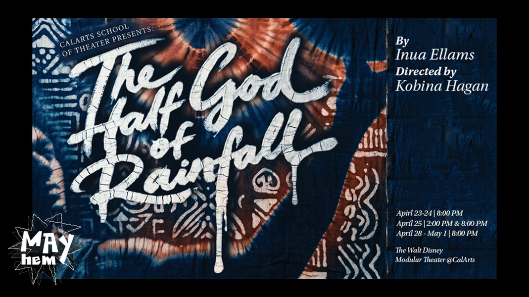 A poster with a tie-dye background and the title "The Half God of Rainfall" in bold white script.