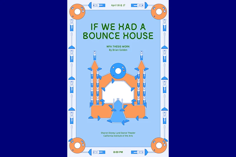 Poster for "If We Had a Bounce House," featuring geometric designs in blue and orange with event details.