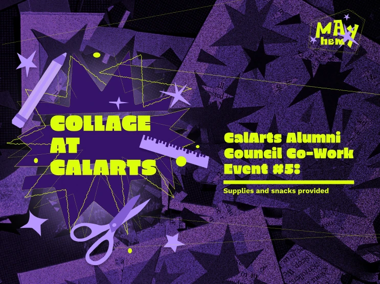 Event poster for "Collage at CalArts" with purple and black abstract background and yellow text.