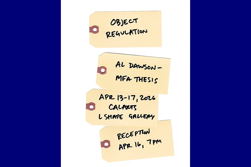 Four beige luggage tags with handwritten text about an MFA thesis exhibition.