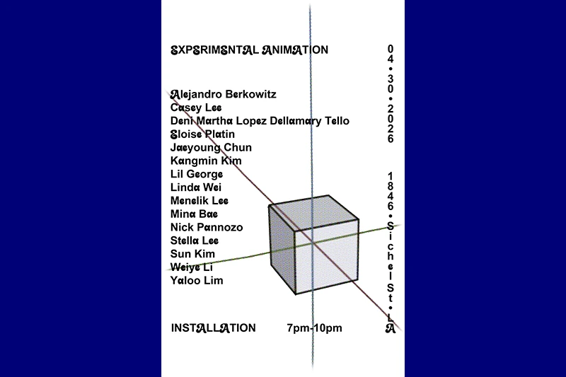 Promotional poster for "Experimental Animation" featuring participant names, event date, location, and a geometric cube design.
