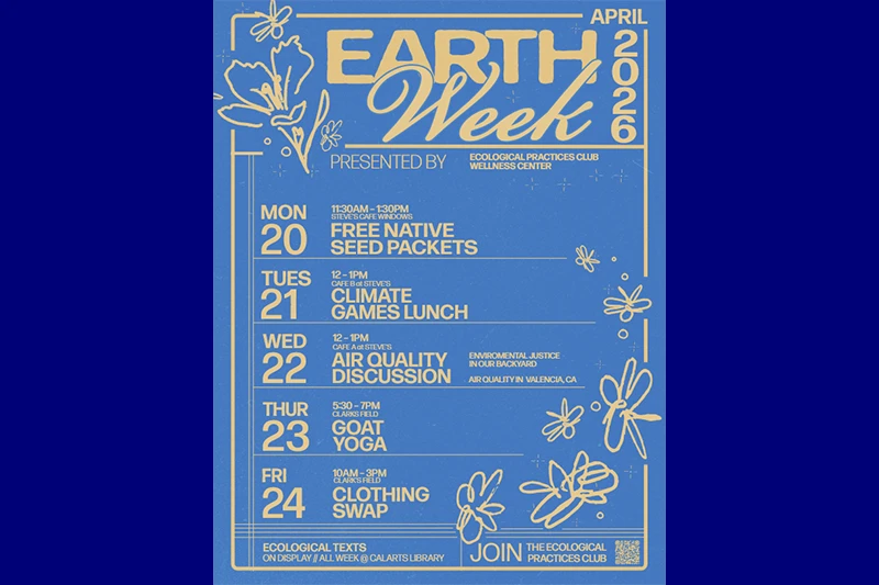 Earth Week 2026 poster with event details and decorative floral illustrations.