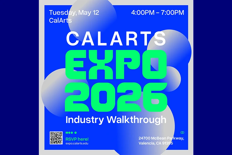 Promotional graphic for CalArts Expo 2026, featuring event details on a blue background with abstract shapes.