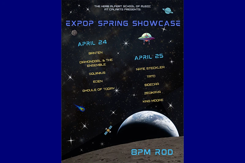 Space-themed poster for the EXPOP Spring Showcase on April 24-25, featuring various performers and space elements.