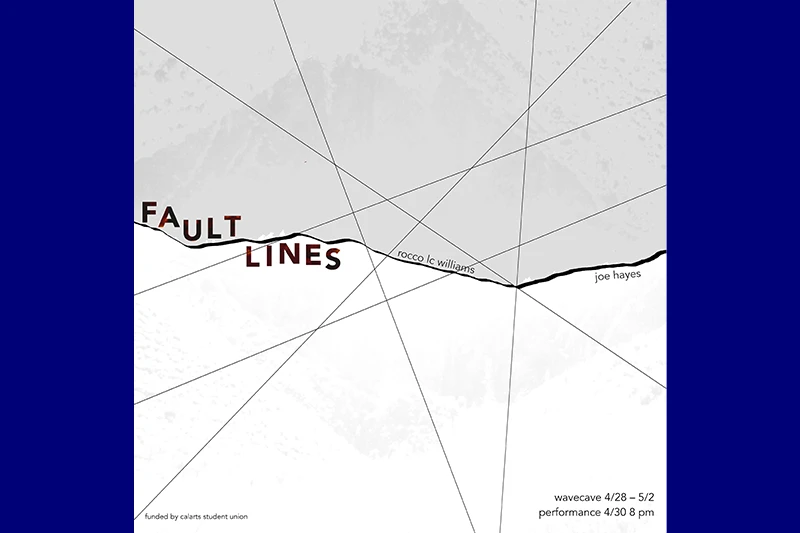 Abstract image with red text "Fault Lines" over a black line and event details in grayscale.
