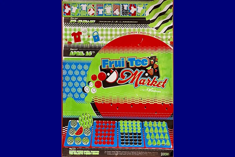 A colorful poster promoting the "Frui Tee Market" featuring fruit-themed graphics and vibrant colors.