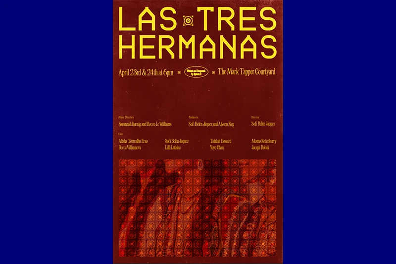 Promotional poster for "Las Tres Hermanas" with event details in bold yellow and white text on a red background.