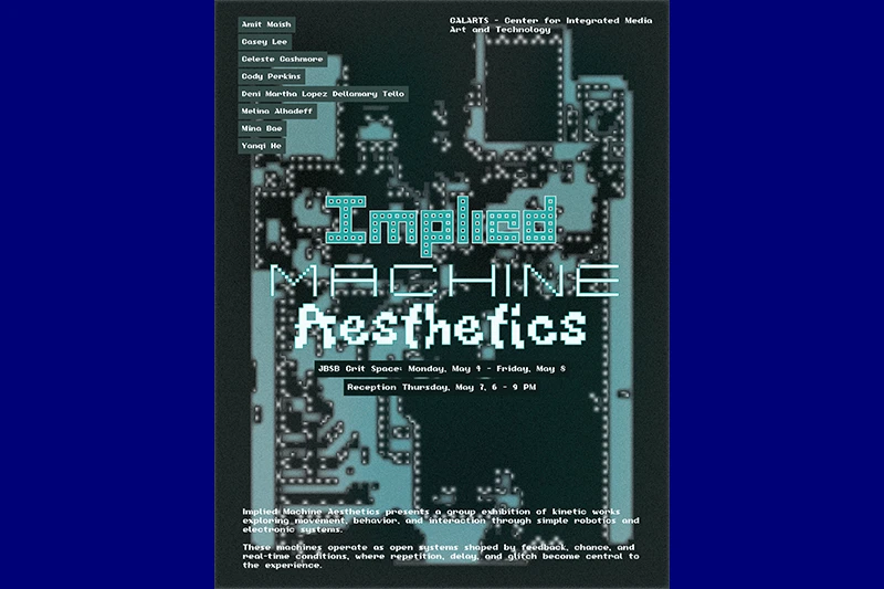 Poster for "Implied Machine Aesthetics" featuring abstract pixelated patterns and exhibition details.