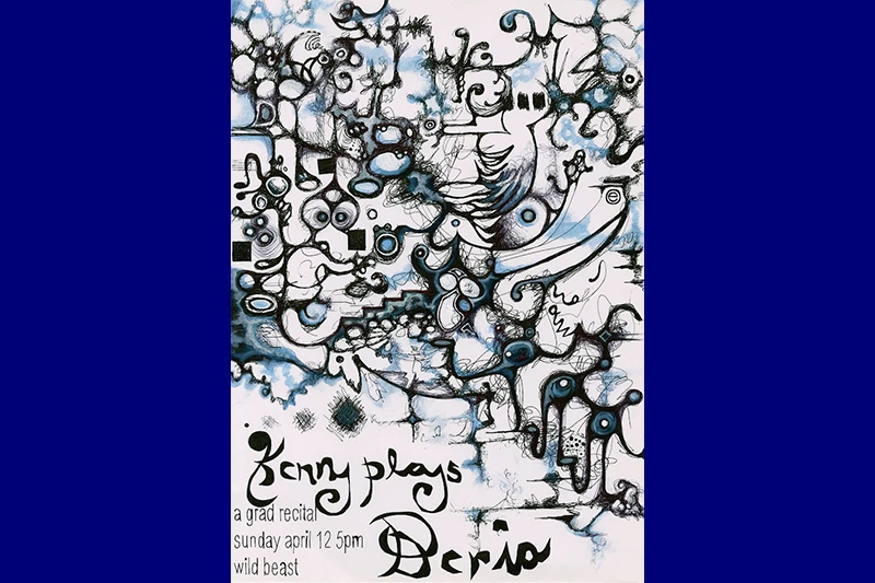 Abstract artwork with swirling lines and stylized text.