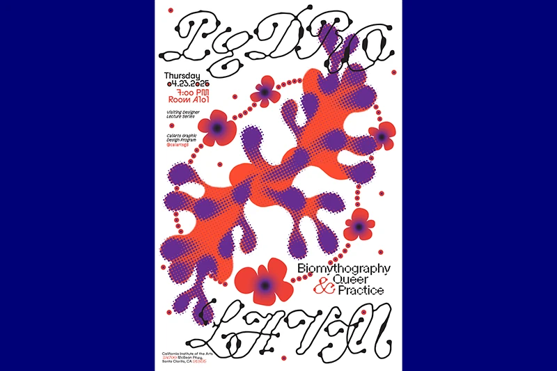 A vibrant poster with red and purple abstract shapes, stylized text, and event details on a white background.