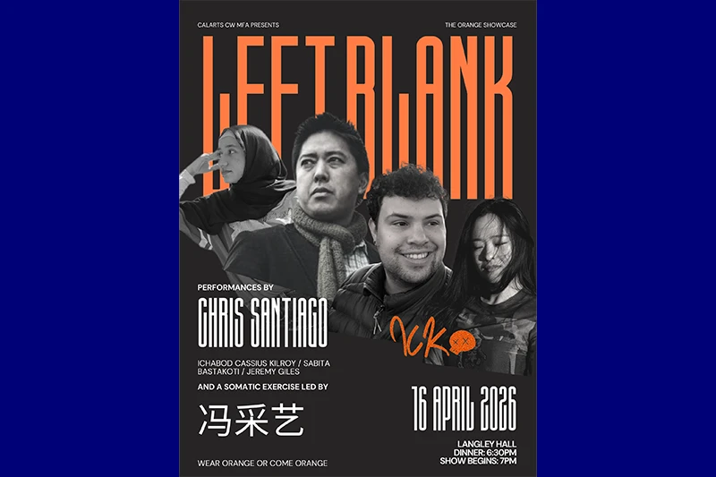 Poster for "LEFT BLANK" event with portraits and event details on a black background with orange text.