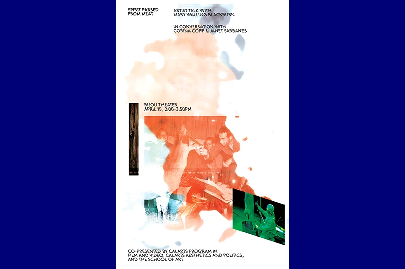 Poster for an art event featuring text and abstract watercolor designs, with photographs of people and a deer.