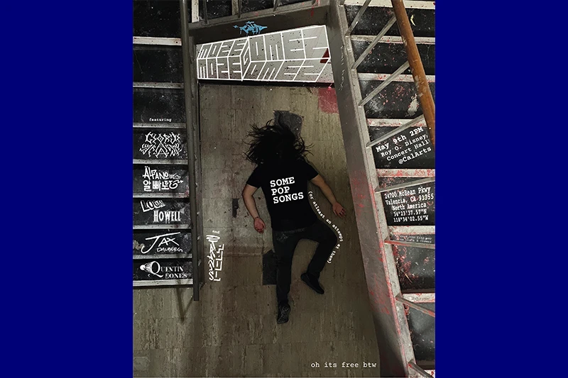 Person in a black t-shirt with "SOME POP SONGS" lying between two staircases with event details.