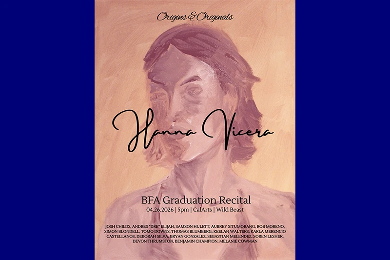 A poster with a painted portrait background and text about Hanna Vicera's BFA Graduation Recital.