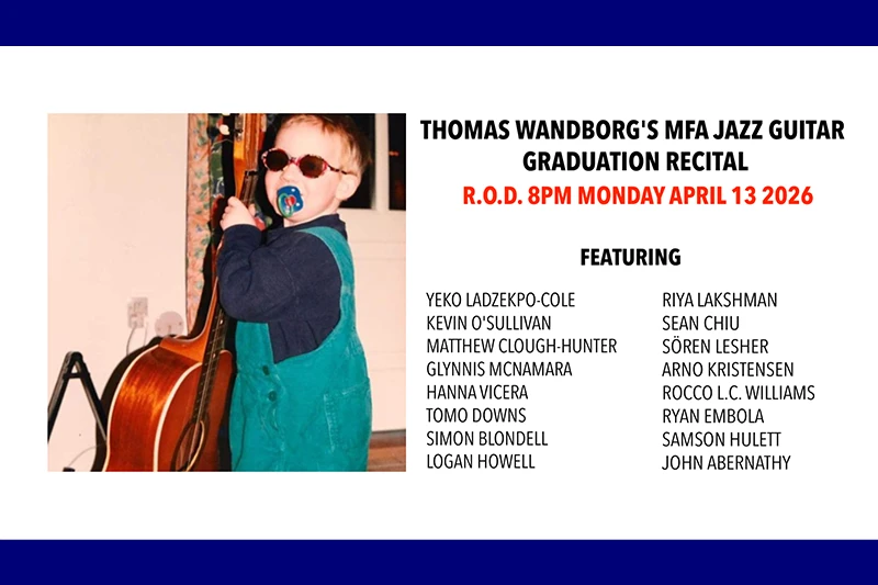 Child with sunglasses holding a guitar, next to text about a jazz recital.