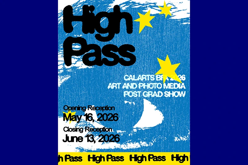 Poster for the "High Pass" art show featuring bold text and stars on a blue textured background.