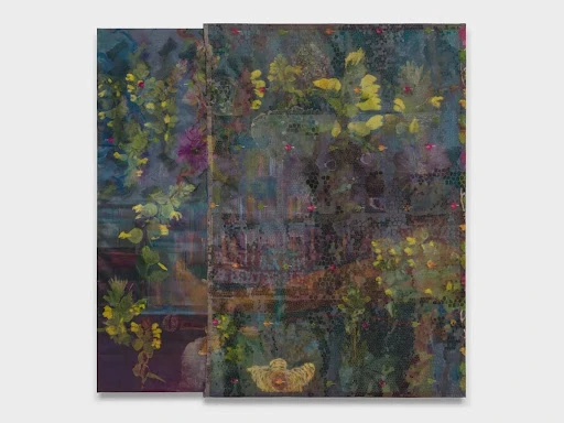Two overlapping canvases with abstract floral designs in vibrant colors.