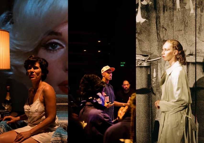 A triptych featuring three panels: a close-up of a glamorous woman, a group discussion in a dimly lit space, and a black-and-white image of a woman in a coat against a textured background.