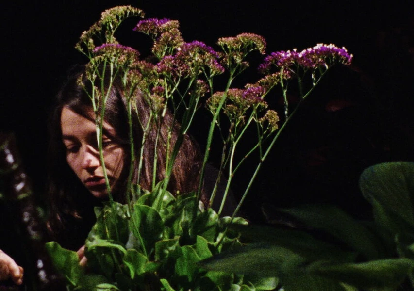A woman with dark hair is partially hidden behind green leaves and flowering plants, focusing on tending to them. The plants feature clusters of purple and yellow flowers.