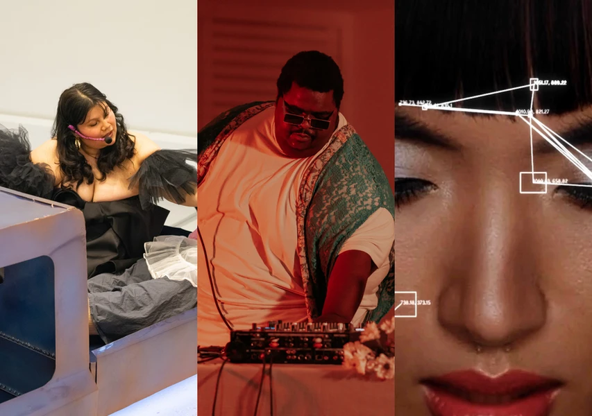 A triptych featuring three panels: a woman in a black dress sits on a bed, a person DJing in a red-lit room, and a close-up of a face with makeup and overlaying data points.