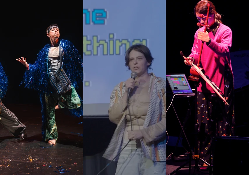 A triptych featuring three individuals: a dancer in a sequined blue outfit, a speaker with a microphone in a polka-dot dress, and a musician playing a string instrument in a floral dress.