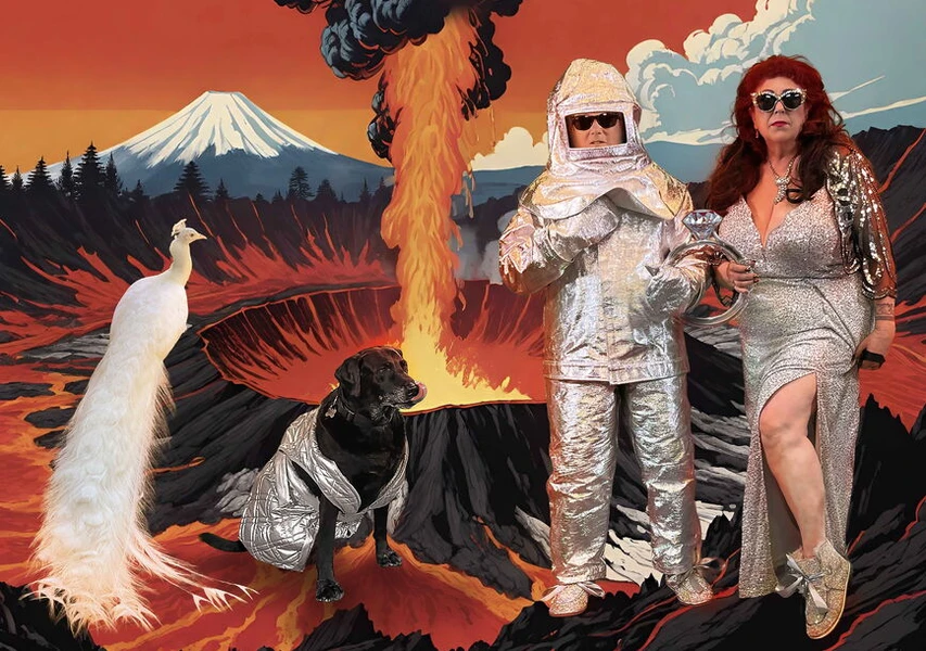 A man in a silver suit and sunglasses holds a glass beside a woman in a sparkly silver gown. A black dog in silver attire sits beside them, while a white peacock stands nearby. In the background, a volcano erupts against a colorful sky.