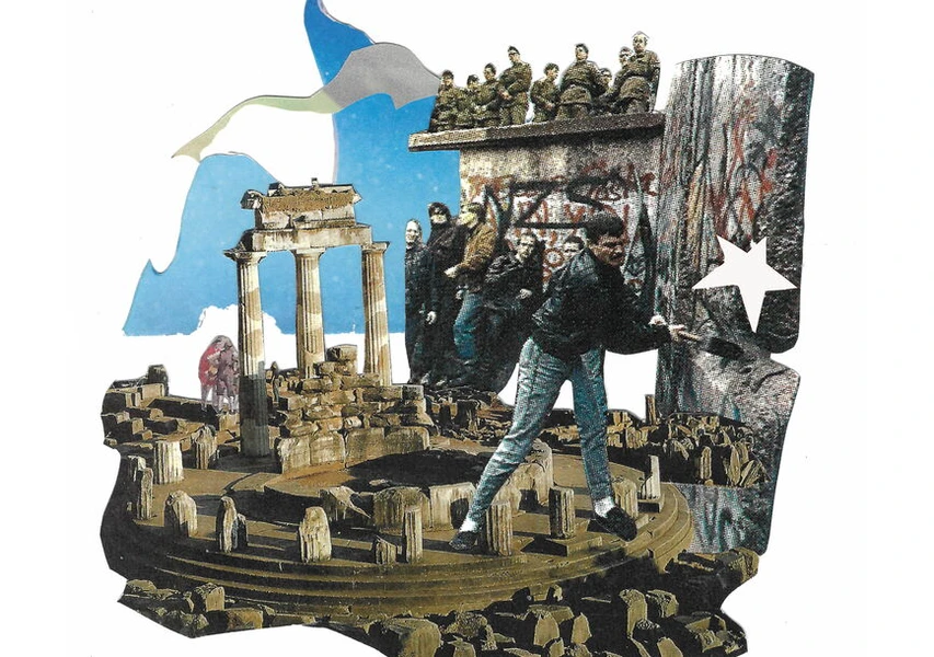 Collage of ancient ruins with columns in the foreground, surrounded by stone debris, and figures representing contemporary youth standing on a graffiti-covered wall, symbolizing a blend of past and present.