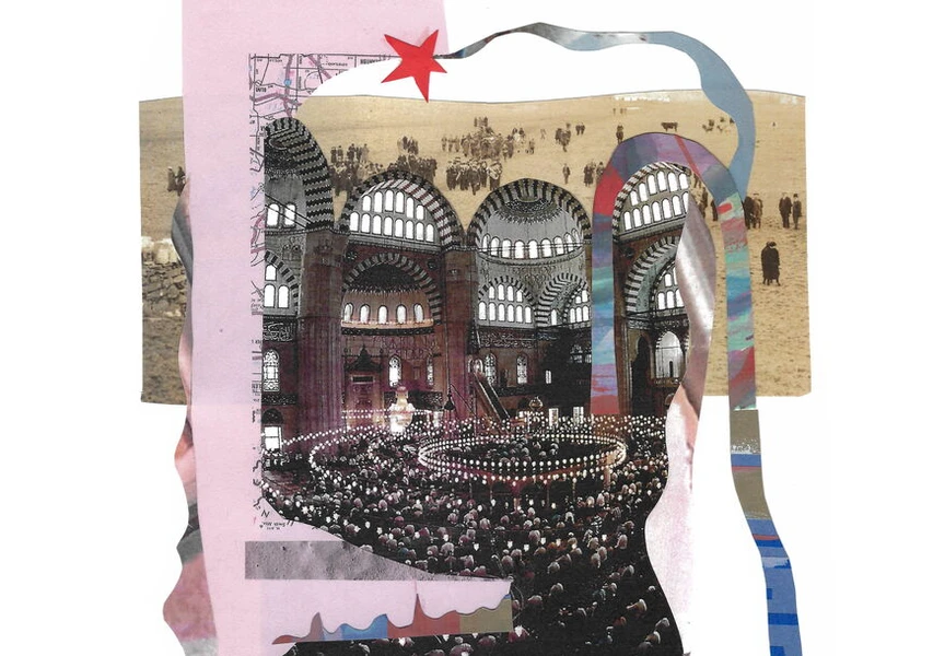A collage featuring a crowded interior of a historical building with domes, surrounded by abstract shapes and layered colors, including a red star and a map background.