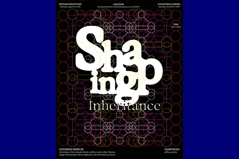 Promotional poster for the "Shaping Inheritance" exhibition featuring bold text and colorful geometric patterns on a black background, including event details.