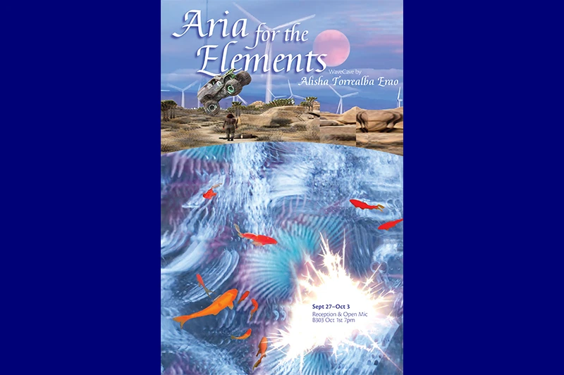 Surreal event poster featuring a wind-turbine desert landscape above swirling underwater imagery with orange fish and bright light bursts.