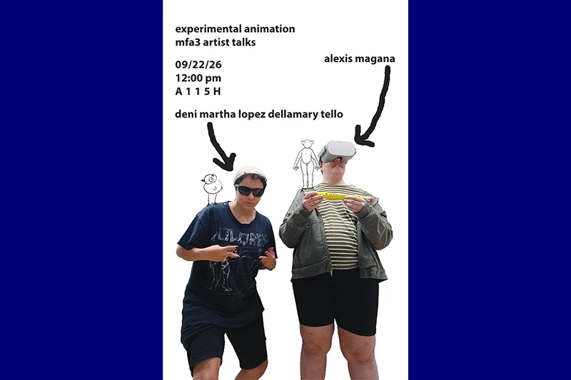 Promotional poster for an experimental animation MFA3 artist talk featuring two people, one wearing sunglasses and one wearing a virtual-reality headset, with hand-drawn arrows and cartoon figures.