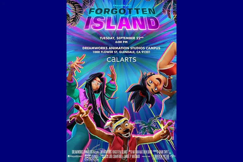 Colorful animated poster for “Forgotten Island,” featuring three characters in dynamic poses against a tropical blue and purple background.