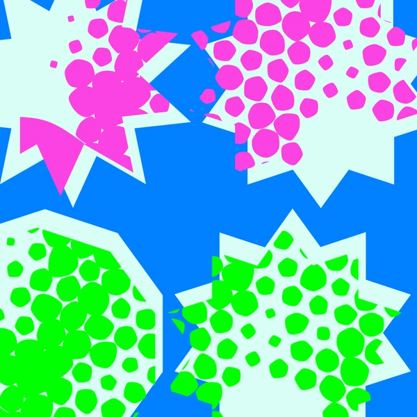 Abstract pattern of blue geometric shapes overlapped by pale mint forms covered with magenta spots above and neon-green spots below.