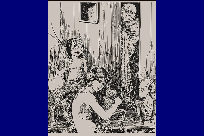 Monochrome woodcut-style scene of mermaid-like figures and a long-haired person interacting with a small creature while a shaggy humanoid peers from a doorway