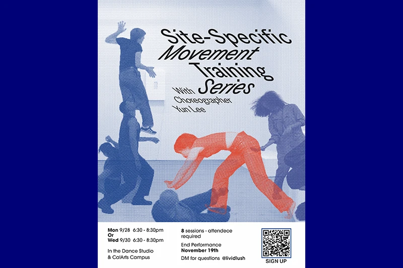 Promotional poster for “Site-Specific Movement Training” with colorful dancer silhouettes, event details, and a QR code for sign-up.