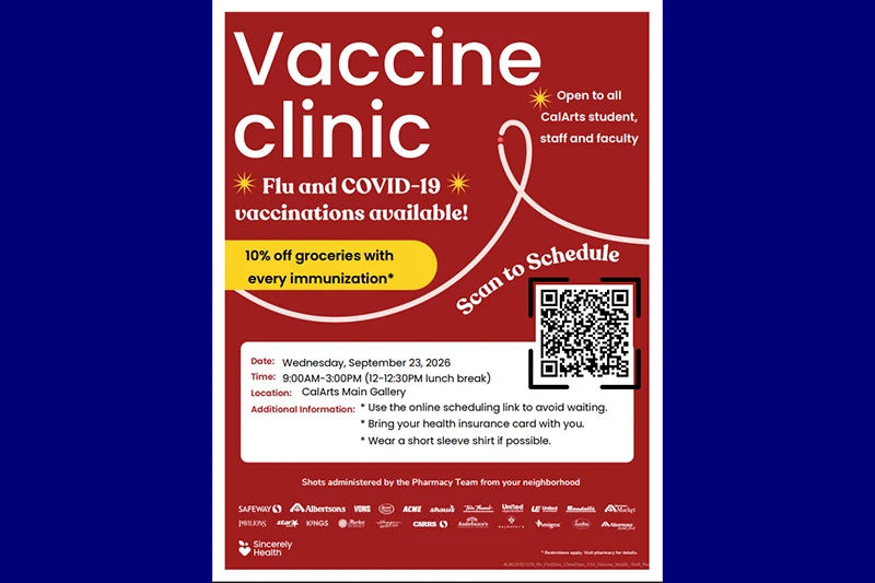 Red vaccine clinic flyer advertising flu and COVID-19 vaccinations, with clinic details, a QR code for scheduling, and a 10%-off grocery promotion.