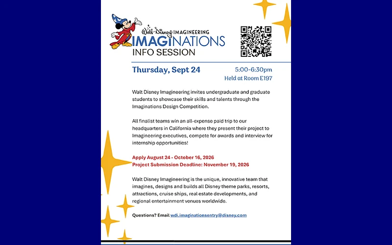 Walt Disney Imagineering Imaginations information-session flyer with Mickey Mouse, event details, competition information, deadlines, a QR code, and contact email.