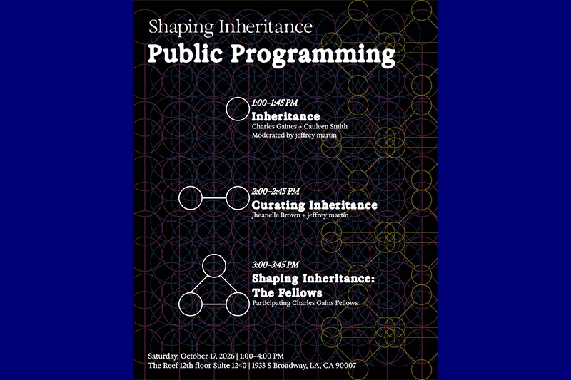 Promotional poster for “Shaping Inheritance: Public Programming,” listing three sessions on Saturday, October 17, 2026, over a colorful geometric background.