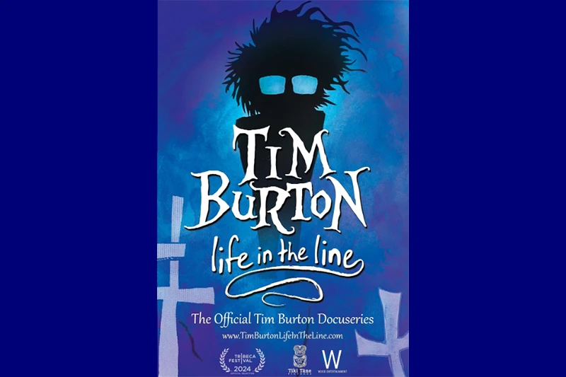 Promotional poster for the Tim Burton docuseries “Life in the Line,” featuring a spiky-haired black silhouette with glowing blue eyes against a blue-purple background.