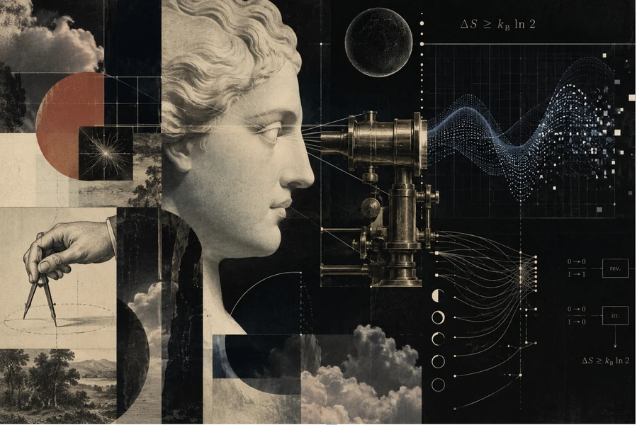 Vintage scientific collage showing a classical profile viewing a telescope-like instrument, with clouds, technical drawings, waveforms, diagrams, and entropy equations.