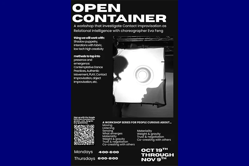 Black-and-white “OPEN CONTAINER” workshop poster featuring bold white text, a QR code, and a photograph of silhouettes around a brightly lit fabric screen.