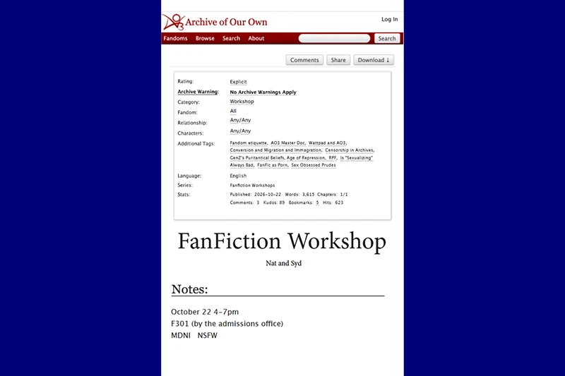 Screenshot of an Archive of Our Own page for “FanFiction Workshop,” showing work metadata and notes for an October 22 event.
